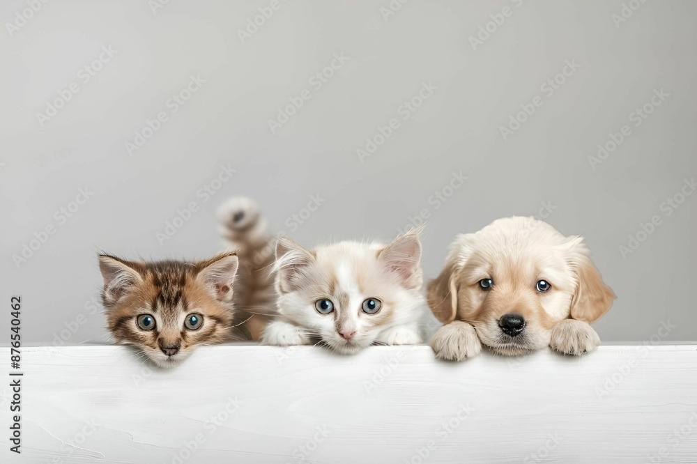 Adorable kittens and a puppy peeking over a white surface with a neutral background. Adorable kittens and a puppy peeking over a white surface with a neutral background.