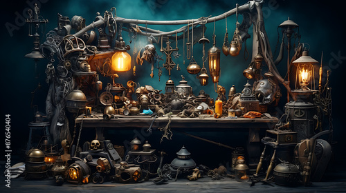 Mystical antique objects on a wooden table with a dark blue and gold color scheme evoke a sense of mystery and magic. 