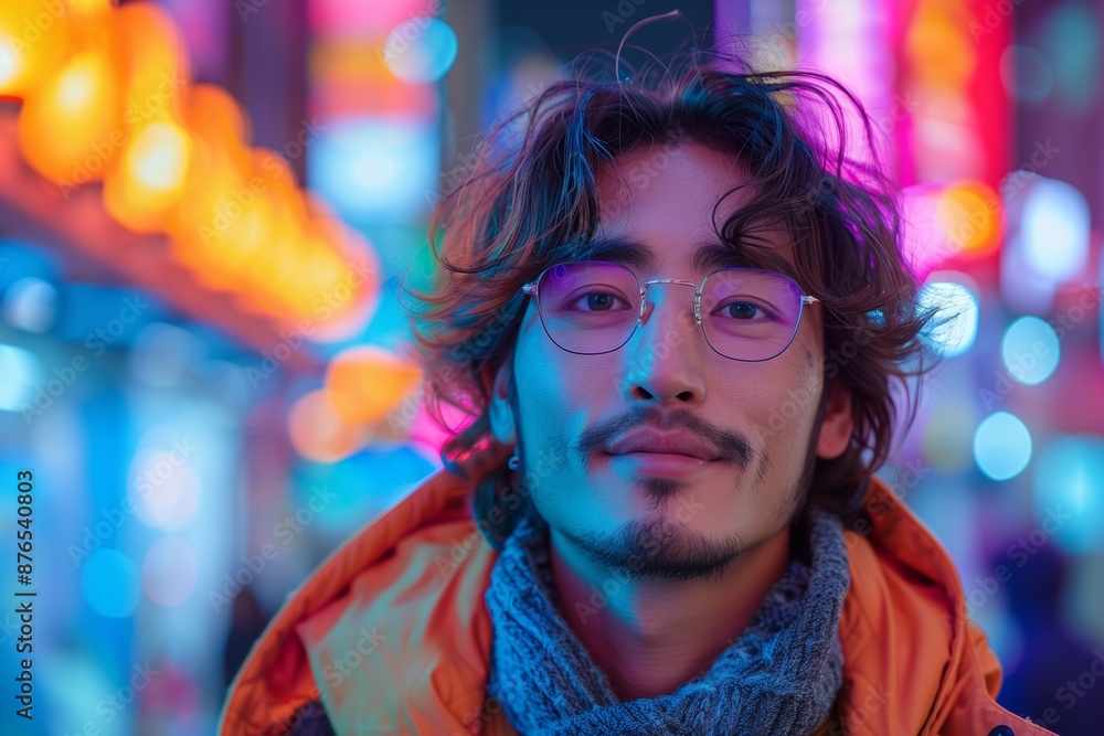 Stylish Asian Gen-Z Male in Neon Retro Vaporwave Fashion Stylish Asian Gen-Z Male in Neon Retro Vaporwave Fashion