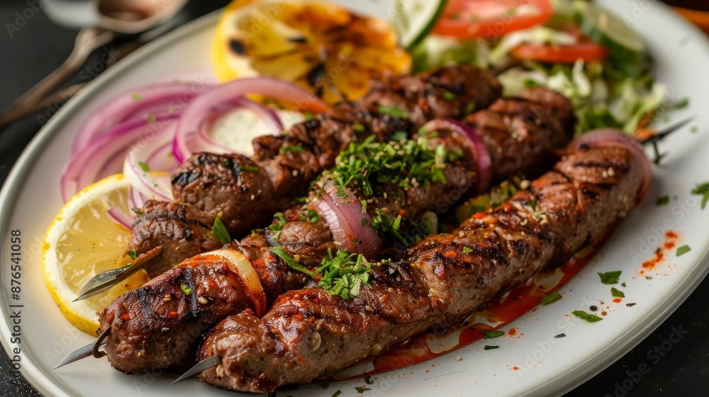A delicious meat kabab with saffron, onion, tomato, pita bread, lemon slice and salad in a dish A delicious meat kabab with saffron, onion, tomato, pita bread, lemon slice and salad in a dish