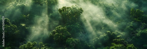 Aerial view of a misty forest canopy with pockets of sunlight breaking through, symbolizing carbon sequestration and environmental preservation. 
