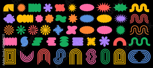 Abstract futuristic geometric shapes, frame, textbox in trendy retro groovy, Y2K style, Vintage. Colored isolated on black background label sticker elements. Flat Vector Illustration EPS10.