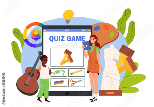 Quiz game for kids. Boy answers questions. Poll about musical instruments, art or constructon equipment. Knowledge test for preschoolers. Flat vector illustration isolated on white background