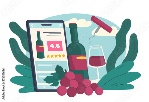 Rating for wine. Grapes and glass glass with alcoholic drink. Reviews of sommeliers and users on wine. Restaurant, pub or cafe. Flat vector illustration isolated on white background