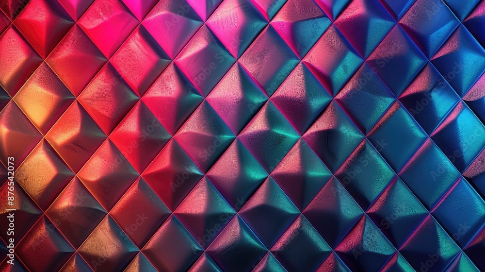 Colorful geometric pattern on quilted faux leather in neon light Gradient mosaic background with various colors