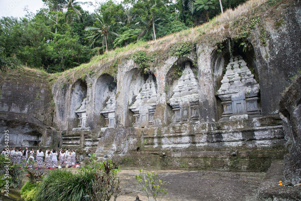 Beautiful view of Gunung Kawi Tampaksiring and ritual in Ubud, Bali Island, Indonesia