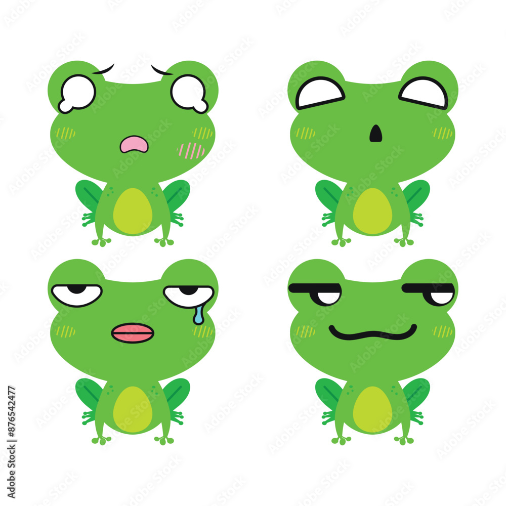Fototapeta premium Vector set of cute green Frog emoji faces with various expressions. Isolated on white background