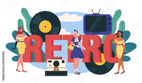 People with retro things. Women in dresses from 80s and 90s near camera, vynil disk and TV. Garage sale and bazaar with antique items. Flat vector illustration isolated on white background