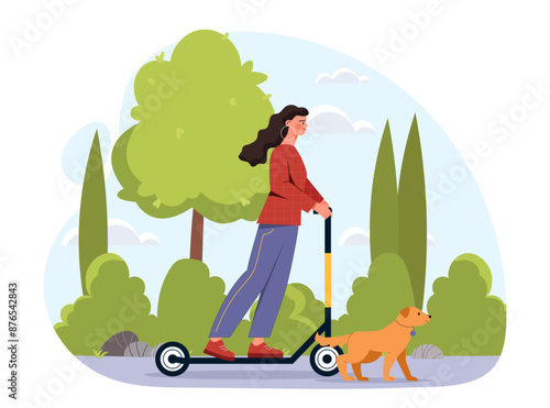 Woman riding electric scooter. Young girl at eco friendly transport. Active lifestyle and leisure outdoors. Person at escooter in city park. Flat vector illustration isolated on white background