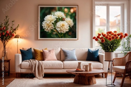 Modern white living room interior with sofa, furniture and flowers. 