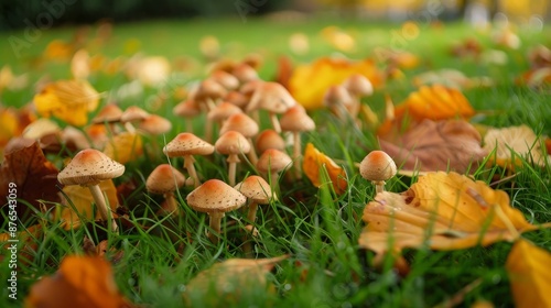 Tiny, fresh mushrooms sprout in the grass of an autumn forest. They nestle among fallen leaves, creating a magical scene that invites mushroom picking