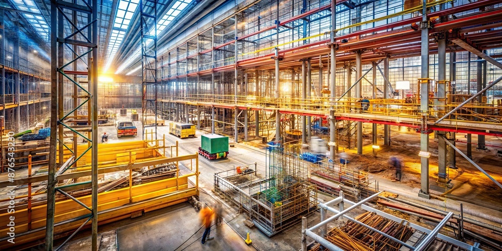 Fototapeta premium Construction site with blurred machinery, tools, and scaffolding, conveying a sense of activity and progress, with a focus on the industrial environment.