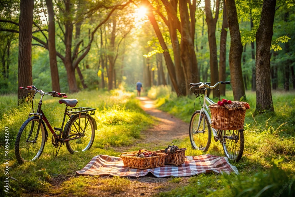 Fototapeta premium Sun-kissed forest trail winding through lush green trees, abandoned bicycles and vintage picnic blanket, evoking a sense of carefree family adventure and joyful presence.