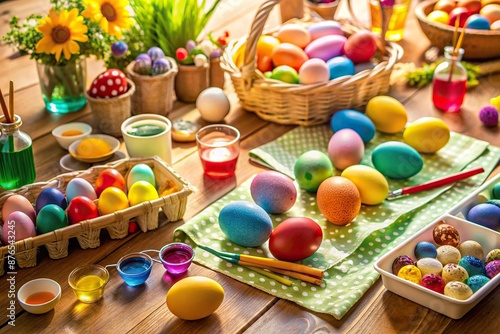 Vibrant DIY Easter egg craft kit sprawled on sunny table, featuring painted eggs, colorful dyes, stickers, and decorative materials awaiting creative assembly on Easter morning.