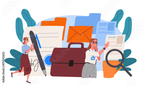 Secretary with documents. Women with pen and briefcase near documents and magnifying glass. Managers and clerks in office. Business email and correspondence. Flat vector illustration