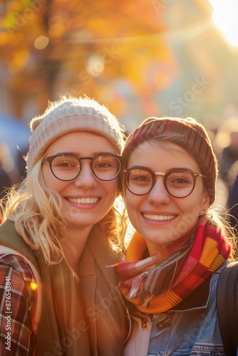 Portrait of cheerful friends having fun at autumn fair. Young adult couple at seasonal town market. Thanksgiving fun and activities.