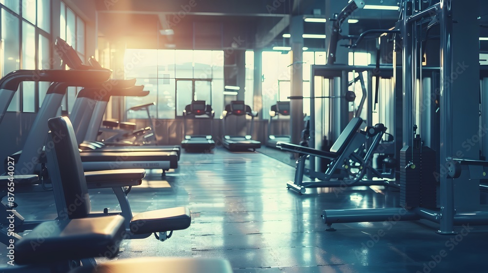 Fototapeta premium Fitness machine and equipments in modern fitness gym room or sport club in morning time. 