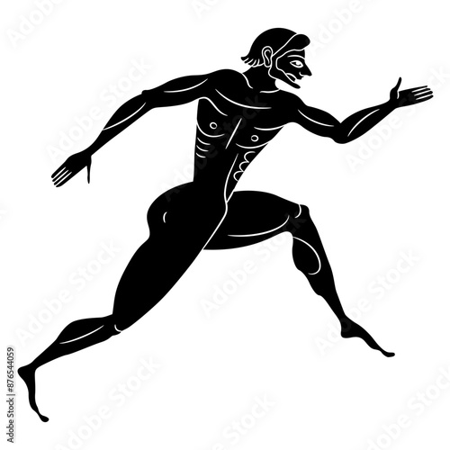 Running bearded ancient Greek man. Jumping antique athlete. Ethnic vase painting style. Black and white negative silhouette.