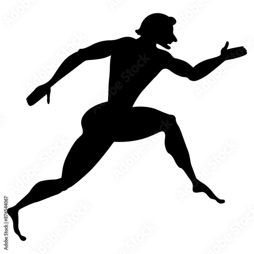 Running bearded ancient Greek man. Jumping antique athlete. Black silhouette on white background.