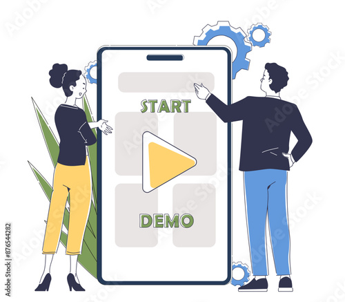 Start demo application. Man and woman near smartphone with new application or program. Graphic designers and freelancers work on common project. UI and UX design. Linear vector illustration