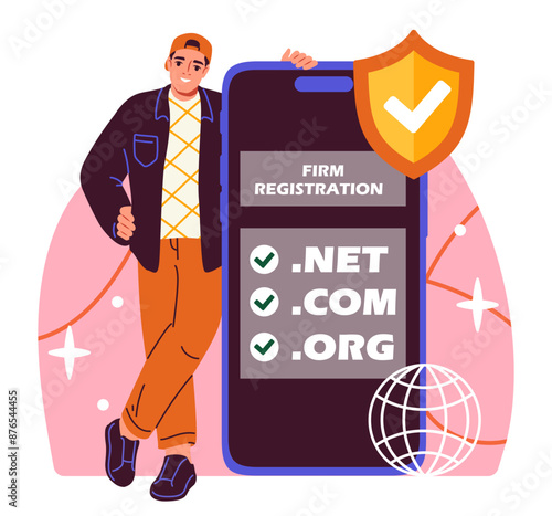 Man with firm regustration. Young guy near smartphone with list of registered domains. Entrepreneur registers websites for company. Businessman with project. Flat vector illustration