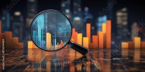 Magnifying glass focusing on a rising bar graph, with a city skyline in the background, representing financial analysis and growth #876544484