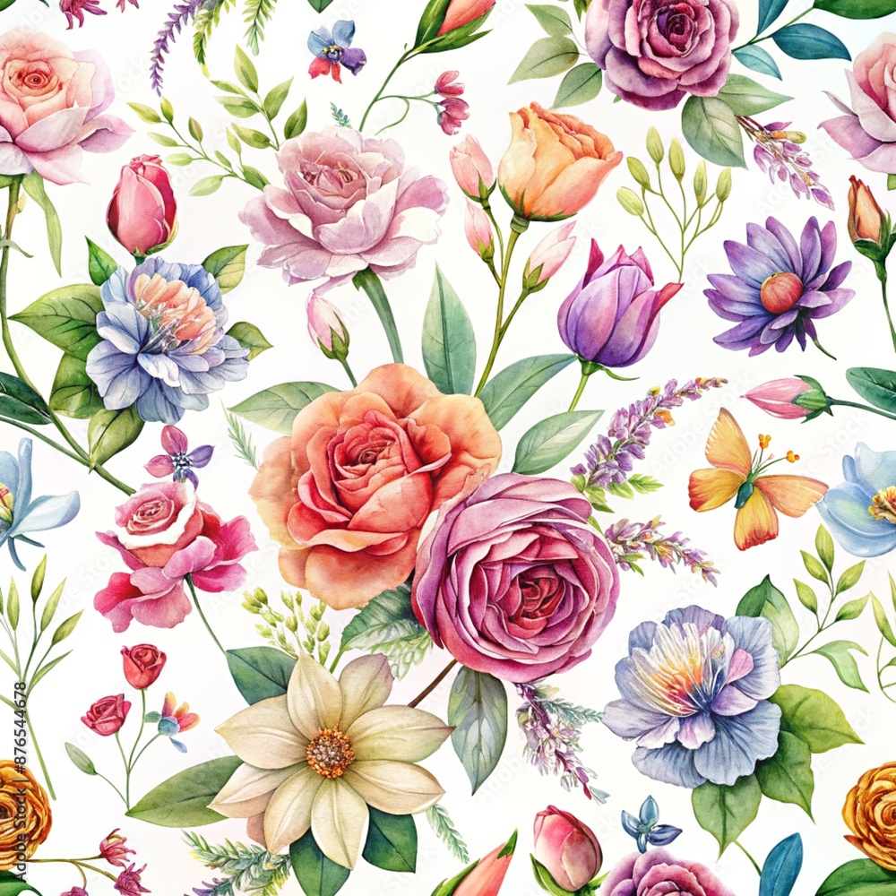 The image shows a seamless pattern of colorful flowers on a white background. The flowers vary in size, shape, and color, including roses, lilies, and tulips. The flowers are arrange The image shows a seamless pattern of colorful flowers on a white background. The flowers vary in size, shape, and color, including roses, lilies, and tulips. The flowers are arrange