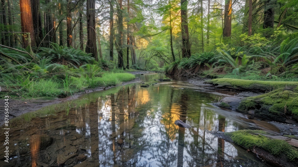 Majestic Redwood Forest with Serene Stream and Lush Greenery at Sunrise Majestic Redwood Forest with Serene Stream and Lush Greenery at Sunrise