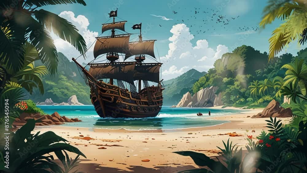 pirate ship stranded on the shore of a remote island, in anime or ...