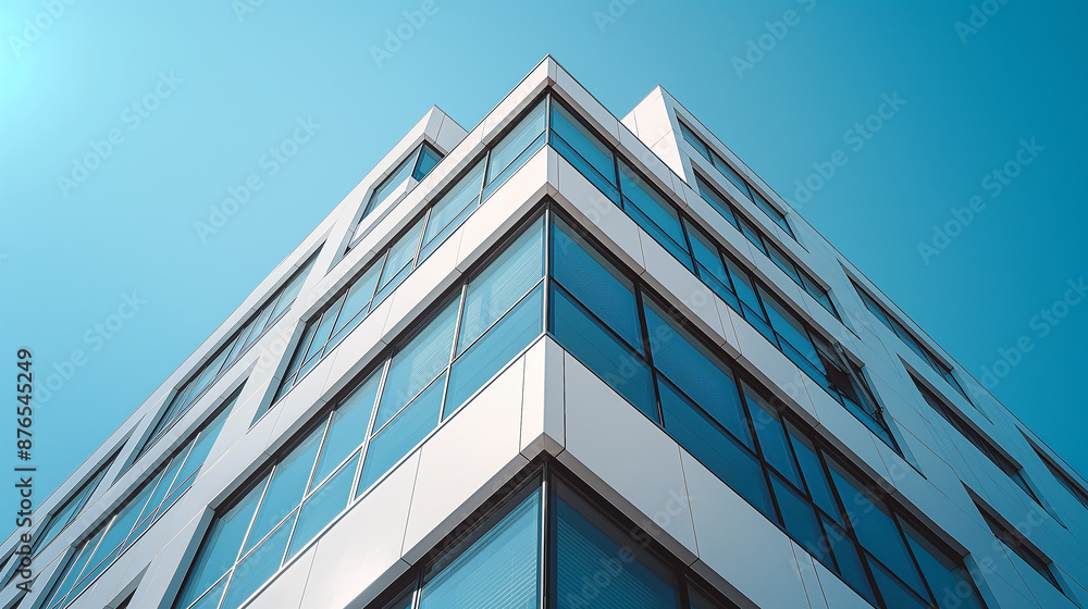 Modern office building touching the blue sky with its facade Modern office building touching the blue sky with its facade
