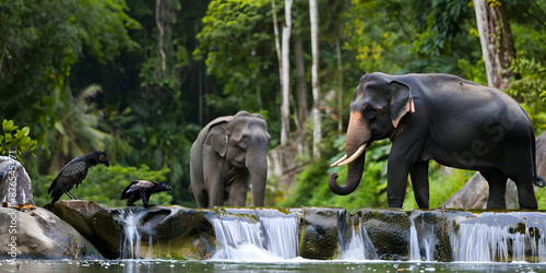 Animais em perigo em um cenário exuberante de floresta tropical: photo