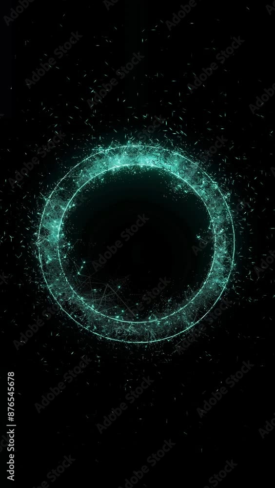 An abstract circular ornament with a miwhinimalist theme, featuring a dispersion effect of green light colored particles on a black background: 4k virtual video animation. An abstract circular ornament with a miwhinimalist theme, featuring a dispersion effect of green light colored particles on a black background: 4k virtual video animation.