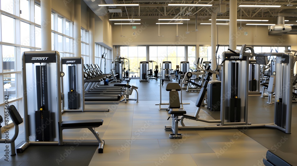 Fitness machine and equipments in modern fitness gym room or sport club in morning time. Fitness machine and equipments in modern fitness gym room or sport club in morning time.
