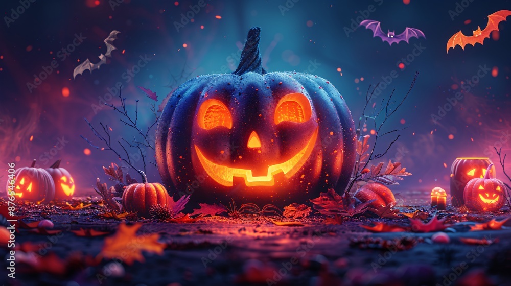 Fototapeta premium Spooky Halloween Night with Glowing Jack-o'-Lanterns and Bats under a Mystical Sky, Generative AI