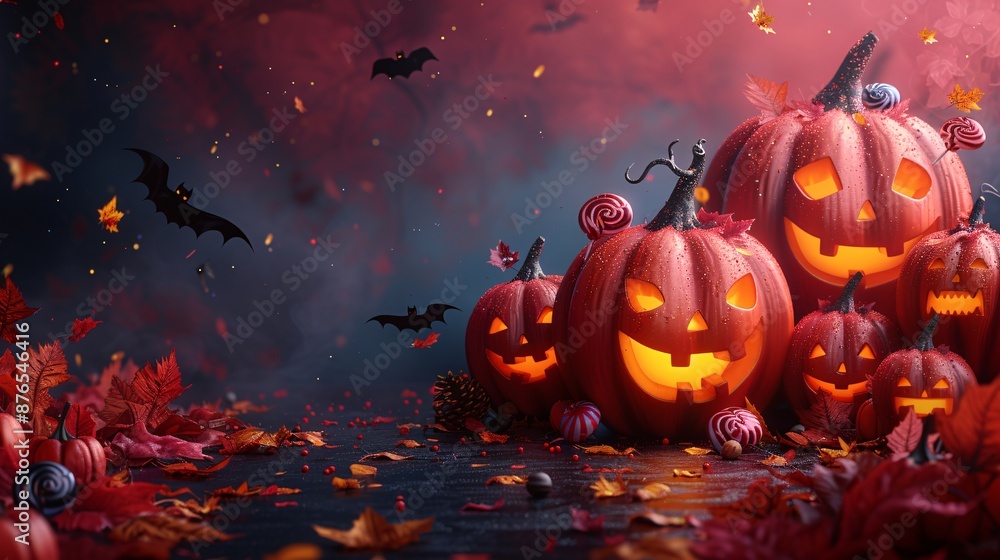 Fototapeta premium Spooky Halloween Night with Glowing Jack-o'-Lanterns and Bats under a Mystical Sky, Generative AI