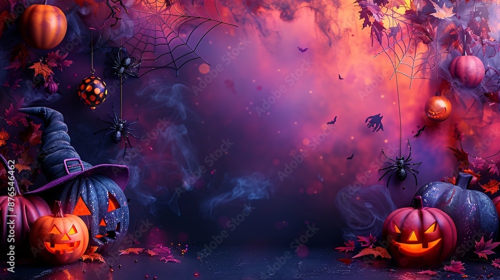 Fototapeta premium Witch's Hat and Spooky Halloween Decor with Pumpkins and Spiders, Generative AI