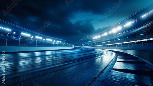 An empty futuristic racing track with illuminated grandstands