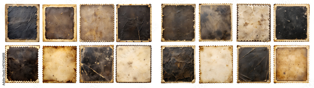 Obraz premium Set of Old empty aged damaged paper cardboard photo card on transparent background. Rough grunge shabby scratched torn ripped texture