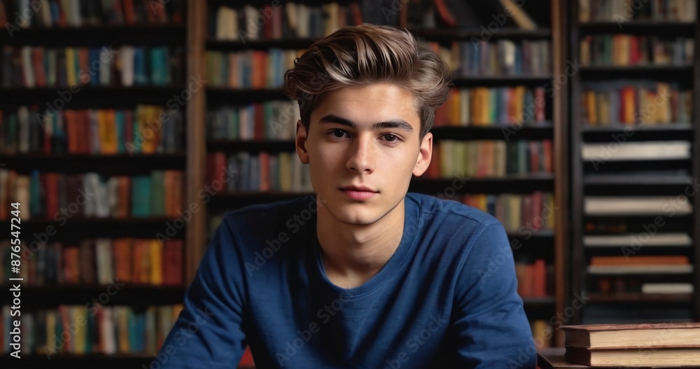 Portrait of a european young male student sitting in a library Portrait of a european young male student sitting in a library