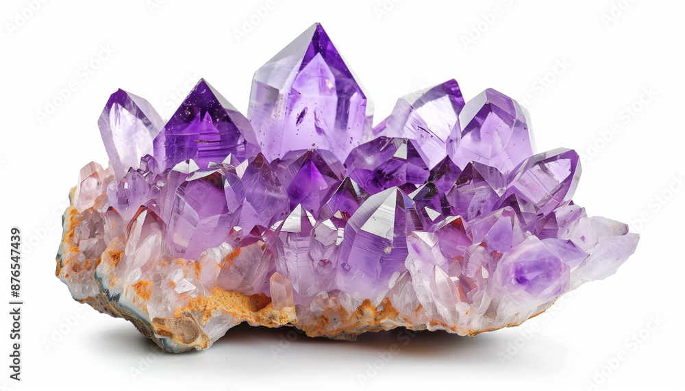 Amethyst crystal cluster with purple and violet hues on a white background natural and stunning gemstone geological beauty Amethyst crystal cluster with purple and violet hues on a white background natural and stunning gemstone geological beauty