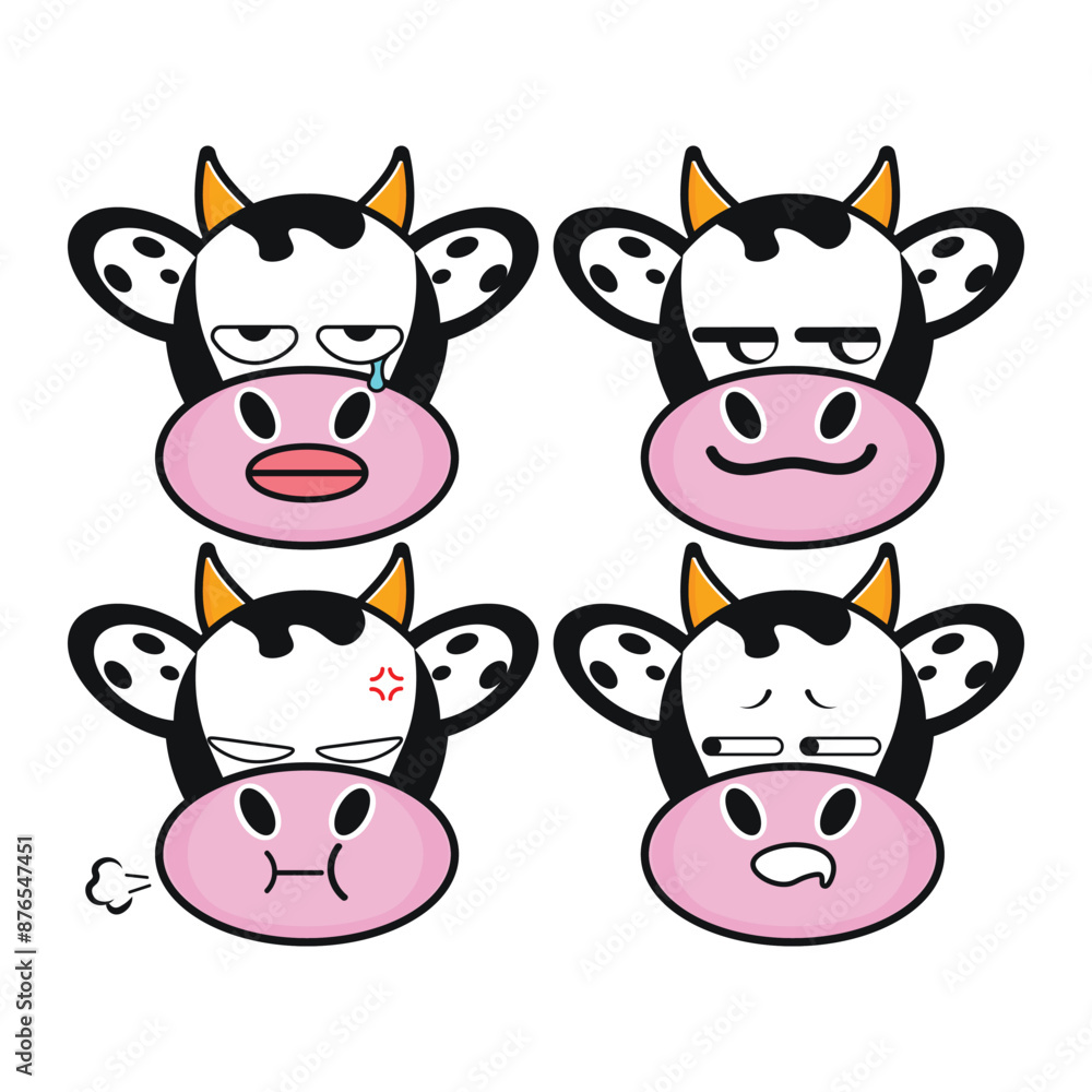 Vector set of cute Cow emoji faces with various expressions. Isolated on white background Vector set of cute Cow emoji faces with various expressions. Isolated on white background