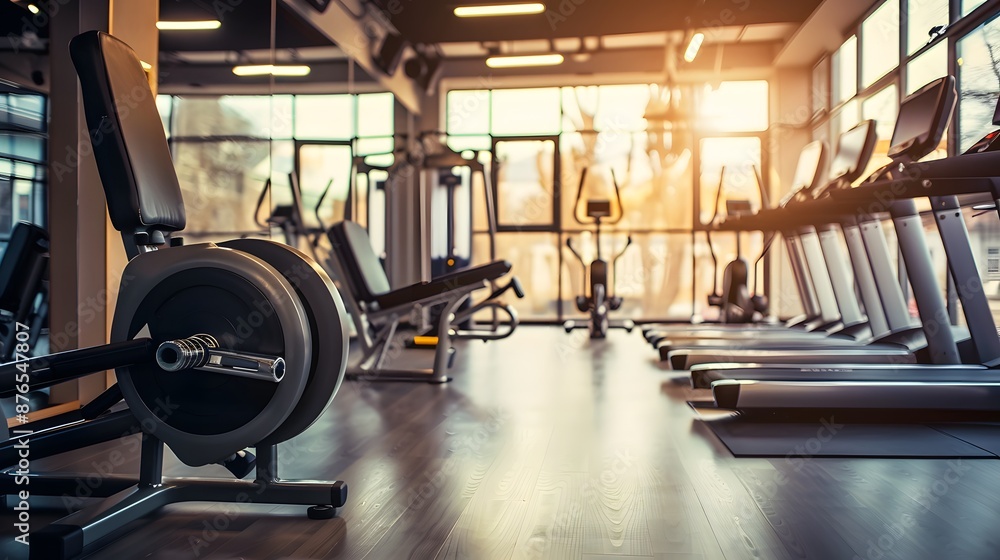 Fototapeta premium Fitness machine and equipments in modern fitness gym room or sport club in morning time.