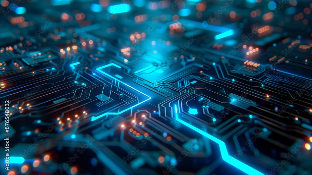 A close-up view of an illuminated circuit board with glowing blue and orange lines A close-up view of an illuminated circuit board with glowing blue and orange lines