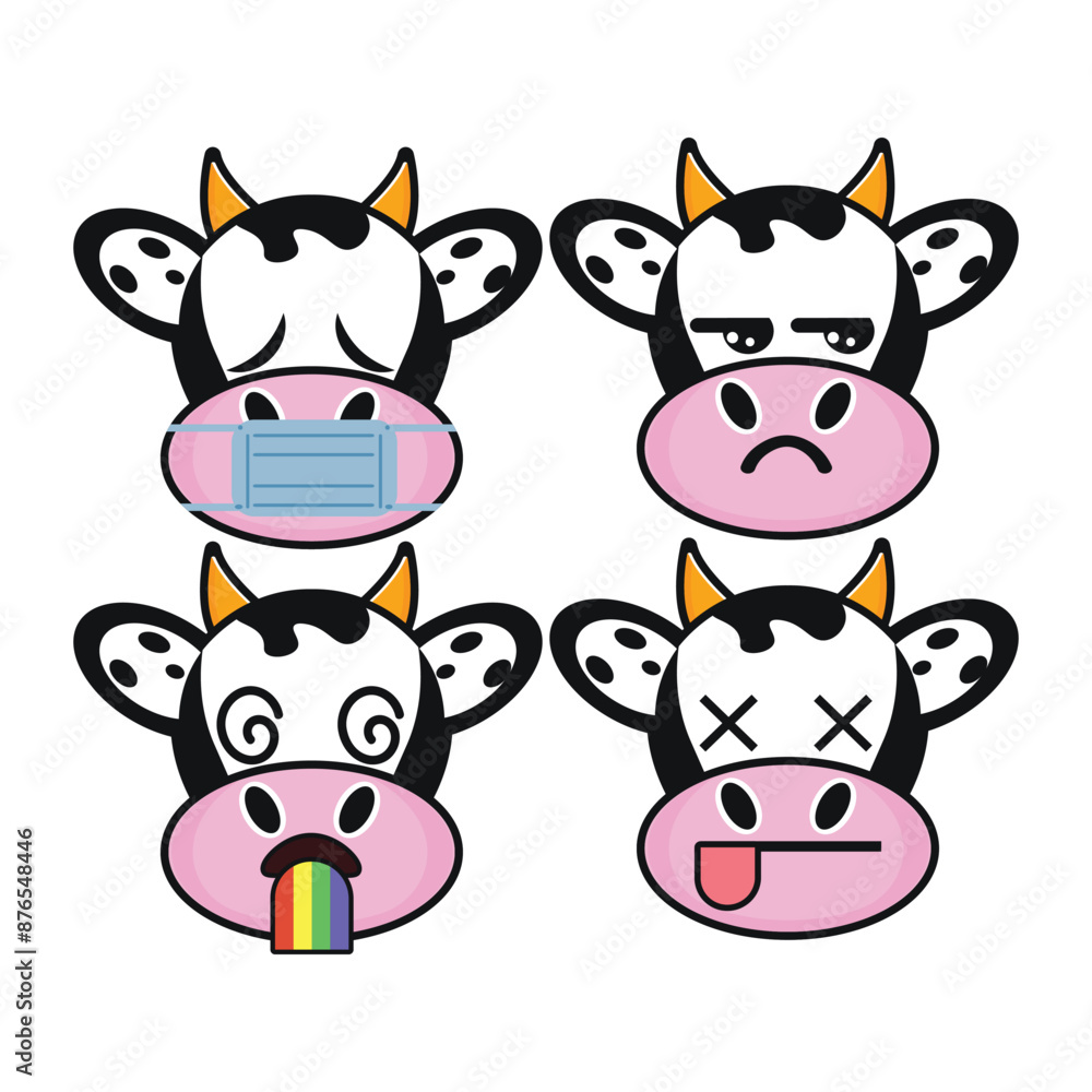 Vector set of cute Cow emoji faces with various expressions. Isolated on white background Vector set of cute Cow emoji faces with various expressions. Isolated on white background