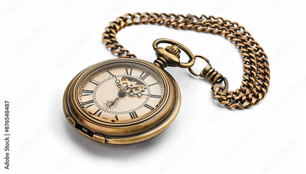 Antique pocket watch with a brass chain on a white background vintage and classic timepiece intricate and elegant Antique pocket watch with a brass chain on a white background vintage and classic timepiece intricate and elegant