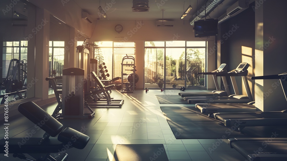 Fototapeta premium Fitness machine and equipments in modern fitness gym room or sport club in morning time. 
