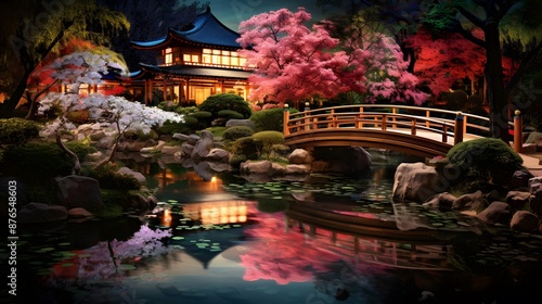 japanese garden with cherry blossom at night in kyoto