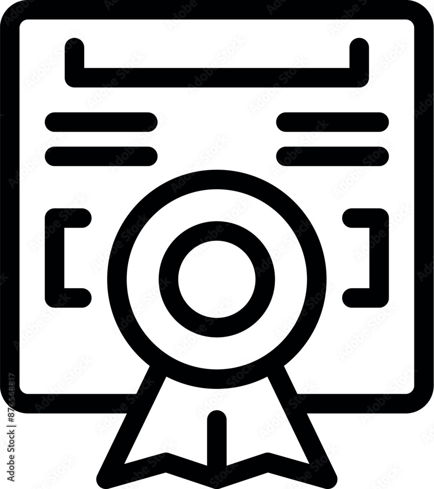 Line icon of a paper document with a round stamp and ribbon, representing quality assurance and certification Line icon of a paper document with a round stamp and ribbon, representing quality assurance and certification