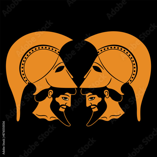 Symmetrical ethnic design with two heads o bearded Greek warriors wearing helmets. Vase painting style. Dioscuri twin heroes.