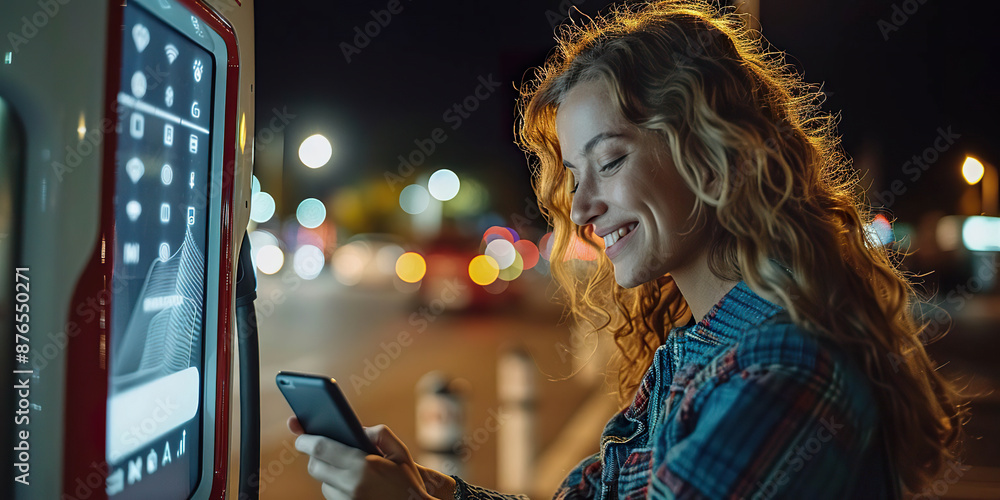 A woman smiles as she checks her phone while waiting for her electric car to charge at night. Generated by AI. A woman smiles as she checks her phone while waiting for her electric car to charge at night. Generated by AI.